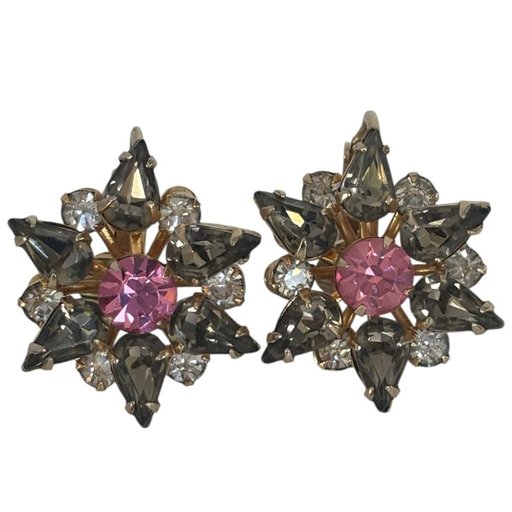 Hattie Carnegie Clip-On Earrings Pink Smoky Grey Rhinestones Jewelry Vintage